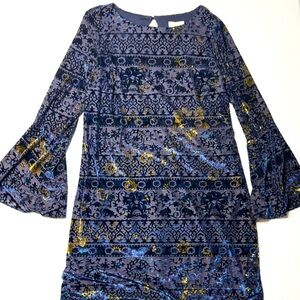 ECI New York Blue and Gold Velvet Tunis Dress with Bell Sleeves Size Medium